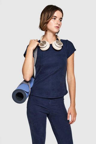 HOLD RIBBED BUILT-IN BRA T-SHIRT - DUSTY NAVY