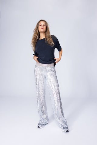 DISCO PALAZZO PANTS - SILVER SEQUINNED